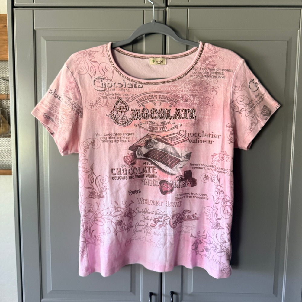 Cactus Women's Y2K Chocolate Graphic Rhinestone Crew Tee, Pink Brown,L